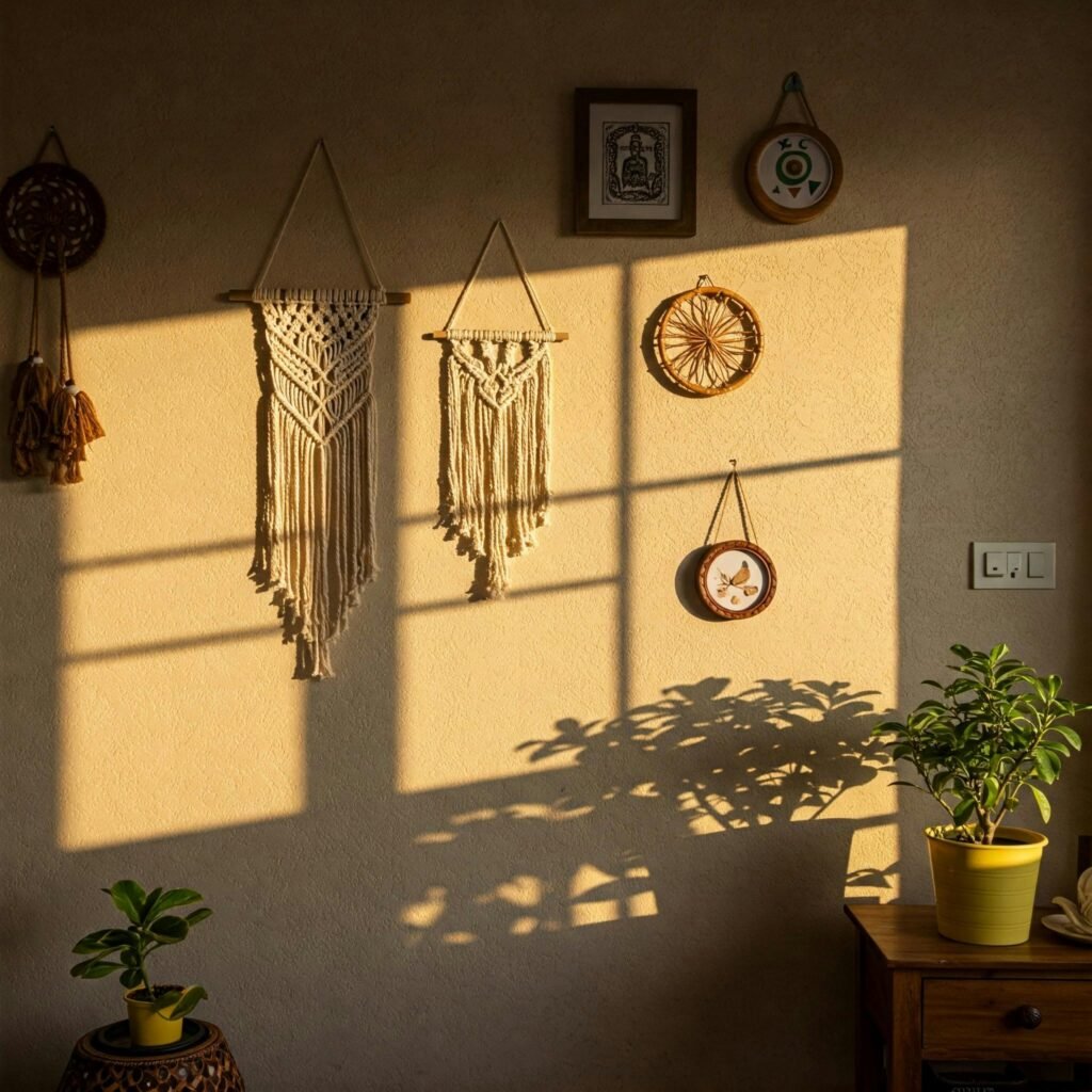 Warm boho interior with macrame wall hangings, plants, and natural sunlight casting shadows.